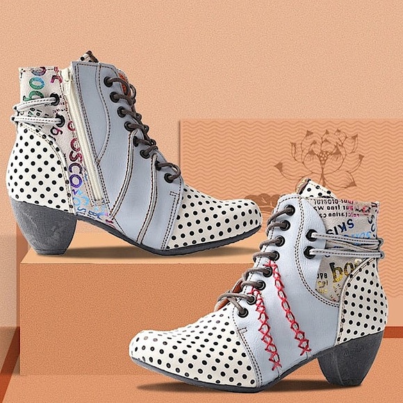 Maia Leather Polka Dot Quirky Lace Up Boot - Picture 1 of 9